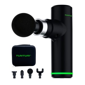 Een tunturi massagegun mini met alle onderdelen