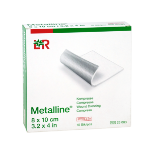 Een product doos van 10 stuks Metalline kompres met de afmeting 8 x 10 cm