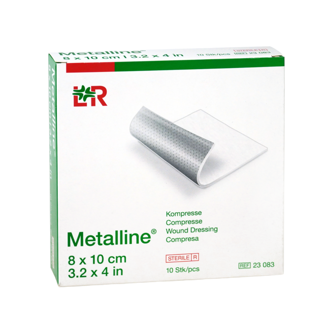 Een product doos van 10 stuks Metalline kompres met de afmeting 8 x 10 cm