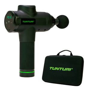 Een Tunturi Massage Gun MG50 met een bijbehorende koffer