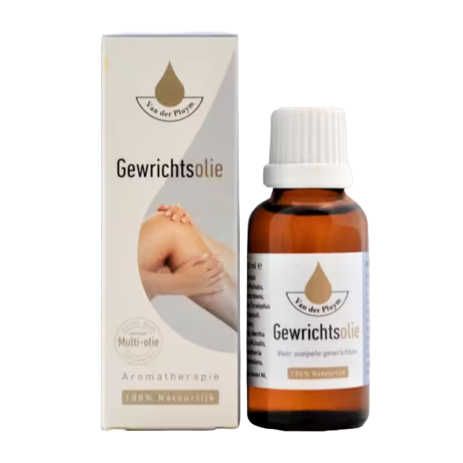 Een flesje met daarin 100ml gewrichtsolie van der Pluym