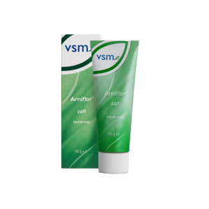 Een tube arniflor zalf van 75g naast het verpakkingsdoosje
