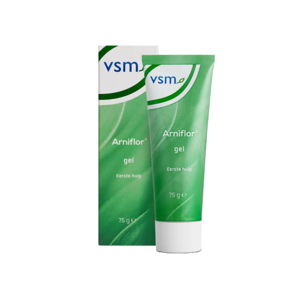Een tube arniflor gel 75g naast het verpakkingsdoosje