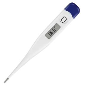 De blauw/witte digitale thermometer.
