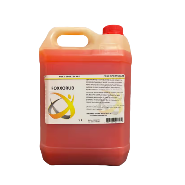 Een jerrycan met daarin 5L aan foxxorub