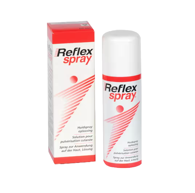 Een productdoos en een spray van Reflex Spray 130 ml