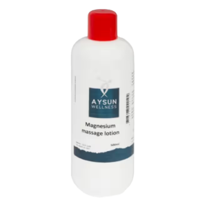 Een flesje met daarin 500ml aan magnesium massage lotion