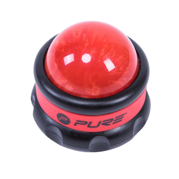 Een voor/bovenaanzicht van de rood-zwarte Pure2Improve massagebal roller