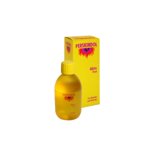 Een flesje perskindol active fluid van 250ml naast de verpakking