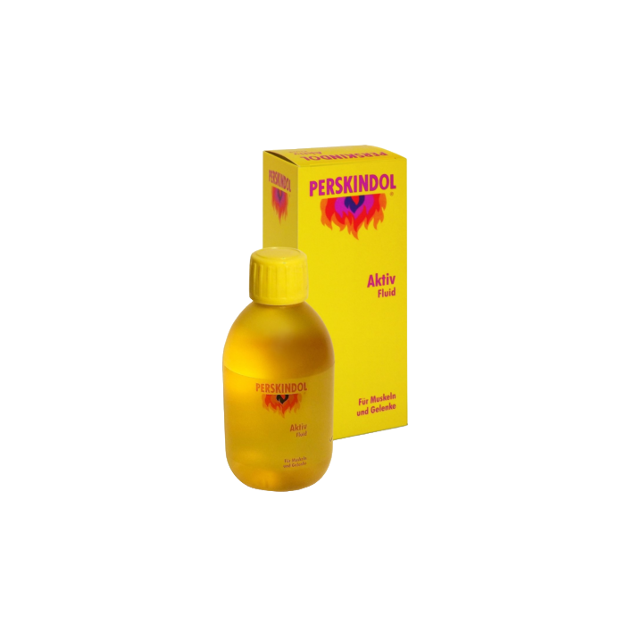 Een flesje perskindol active fluid van 250ml naast de verpakking