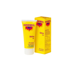 Een tube perskindol active gel van 100ml naast de verpakking