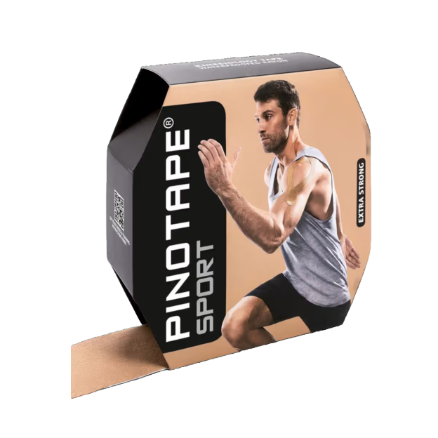 Een grote rol pinotape van 5cm x 31mtr in de kleur beige