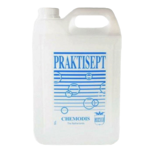 Een jerrycan met daarin 5L aan Praktisept