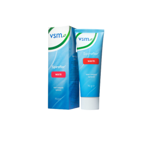 Een blauwe tube van het merk VSM gevuld met 75 ml warme spiroflor gel.