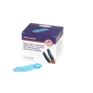 Een doosje met daarin 25 blauwe haccp vingercondooms