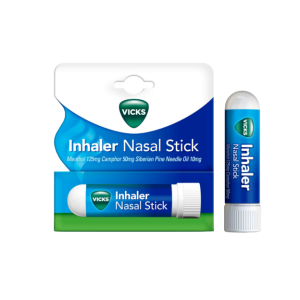 Vicks inhaler verpakking met de vicks inhaler zelf ernaast.