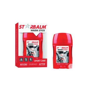 De verpakking van een Starbalm warm stick met de stick er naast.