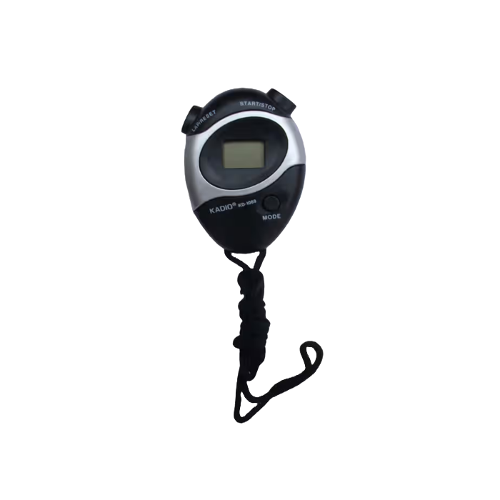 een zwarte stopwatch met een koord