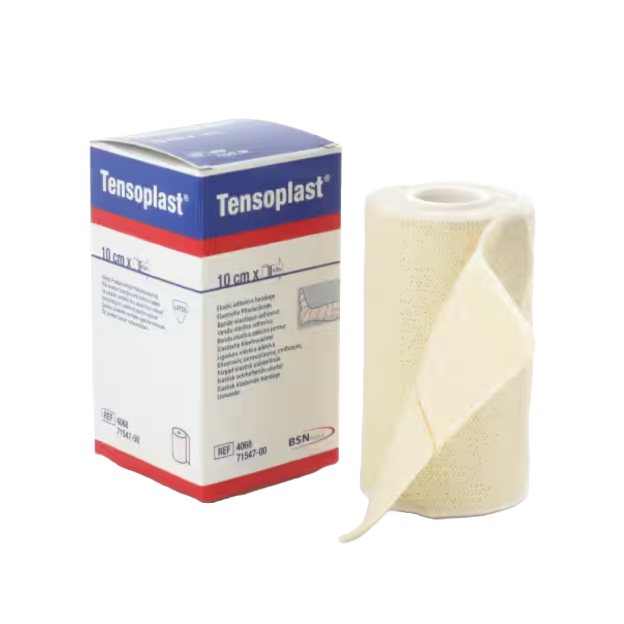 het verpakkingsdoosje van tensoplast 10cm met daarnaast een rol