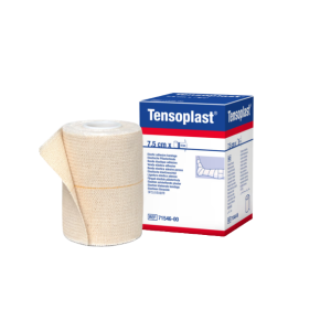 Een rol Tensoplast van 7,5cm breed naast het verpakkingsdoosje