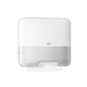 Een vooraanzicht van een Tork H3 Mini Papierdispenser met een witte achtergrond