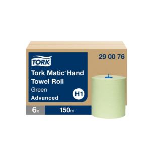 Een omddos Tork Matic H1 handdoekpapier waar 6 rollen van 150meter inzitten. Voor de doos staat een losse rol weergegeven.