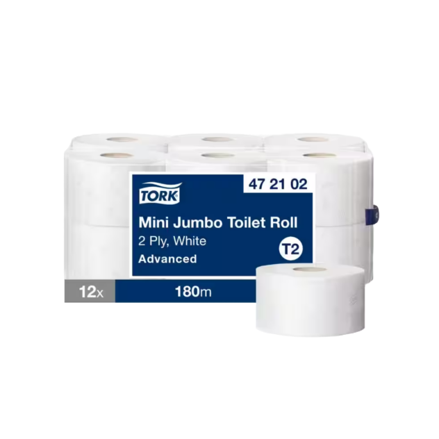 Een verpakking tork Mini Jumbo Toilerpapier met daarin 12 rollen. Voor de verpakking staat een losse rol toiletpapier