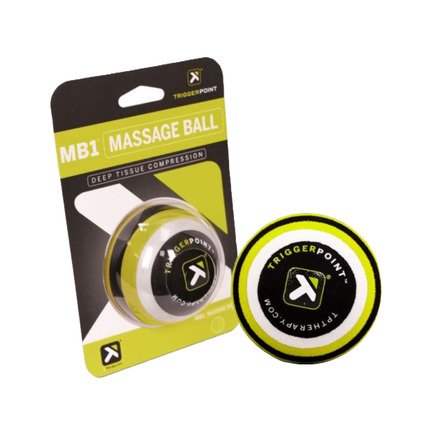 Een triggerpoint massagebal MB1 naast de verpakking