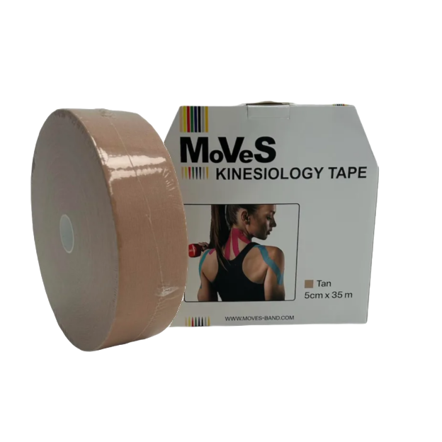 Een doos met daarnaast een rol Moves kinesiotape van 5cmx35m