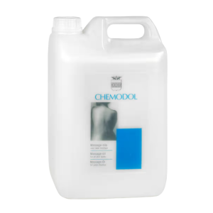 Een fles 5 liter massageolie van Chemodol.