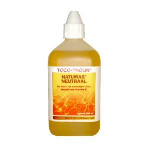 Een flesje met daarin 500ml toco-tholin massageolie natumas neutraal