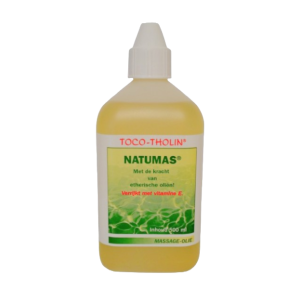Een flesje met daarin 500ml aan toco-tholin natumas massageolie