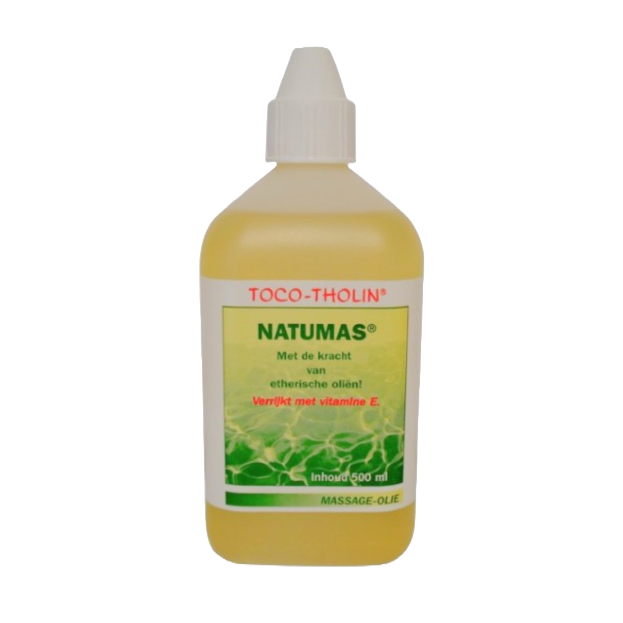 Een flesje met daarin 500ml aan toco-tholin natumas massageolie