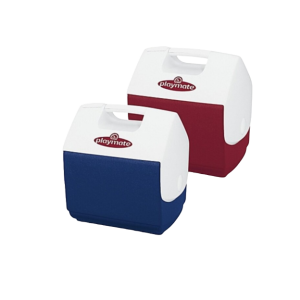 Twee Igloo playmate koelboxen pal 6,6L, waarvan een blauwe en een rode