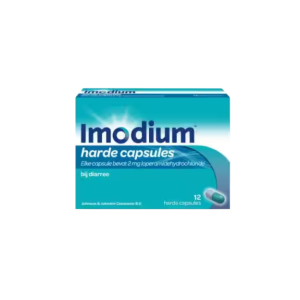 Een verpakkingsdoosje met daarin 12 capsules van Imodium