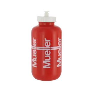 Een Mueller drinkfles van 1 liter in de kleur rood en een witte dop