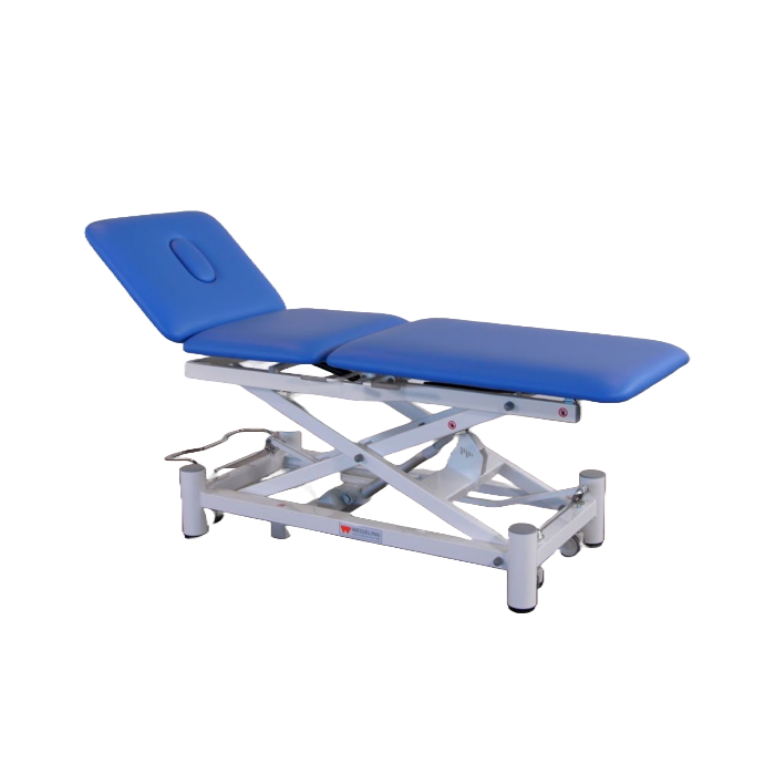 Een BasiX 3 massagetafel met een blauwe bekleding