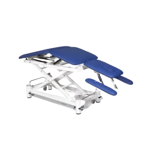 Een BasiX 5 massagetafel met een blauwe bekleding