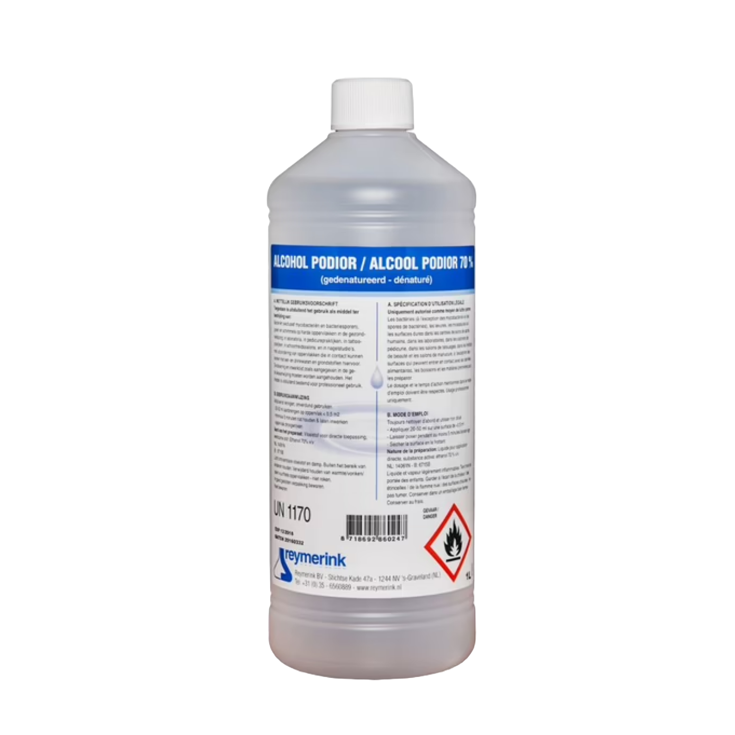 Een fles met daarin 1000ml gedenatureerde alcohol 70%