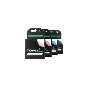 Vier verschillende moves kinesiotape rollen naast elkaar in de kleuren beige, roze, blauw en zwart