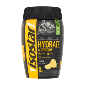 Pot Isostar Hydrate & Perform in de smaak Lemon met een inhoud van 400 gram met poeder om een isotonische sport-drank te maken.