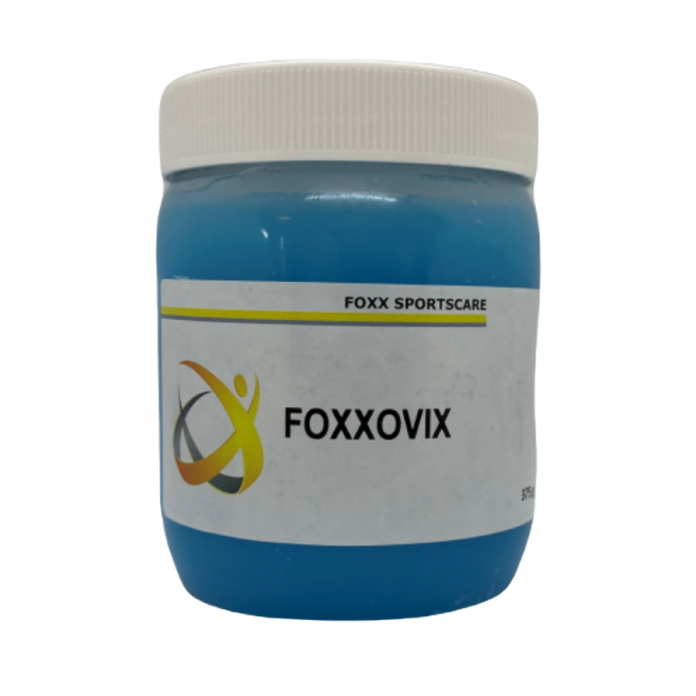 Een helder potje met daarin 375gr aan Foxxovix