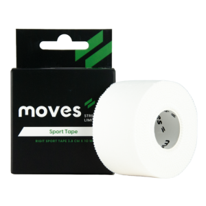 Een product doos met er naast een rol moves sport tape 3,8 cm x 10 mtr