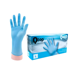 Een doos Qtop Nitril Handschoenen met 100 stuks in de maat M met links daarvan een hand met een handschoen