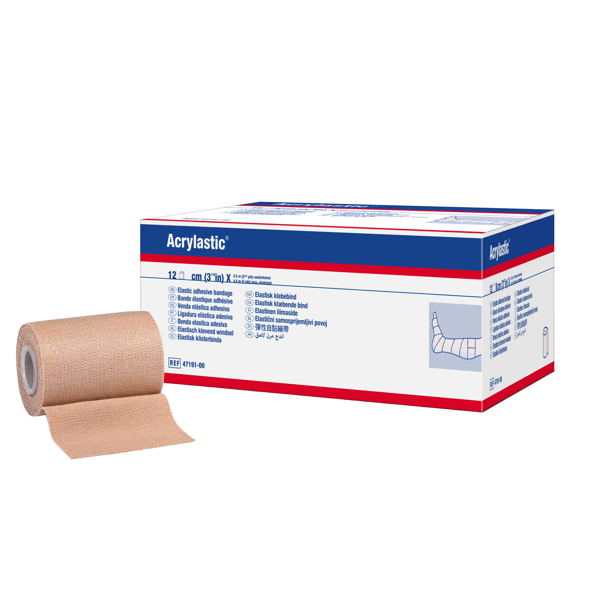 en doos acrylastic van 10 cm met een losse rol er naast