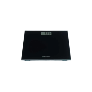 Een OMRON HN 289 Digitale Weegschaal Zwart op de grond klaar voor gebruik.
