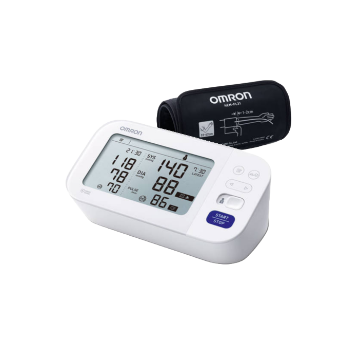 Een OMRON M6 Comfort Bloeddrukmeter uit de verpakking klaar voor gebruik.