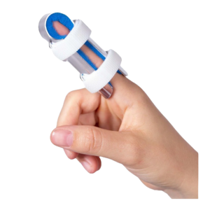 Een aluminium vingerspalk met klevende banden om een vinger