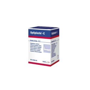 Een volle doos met 12 rollen optiplast-c van 8cm breed met een losse rol ernaast.