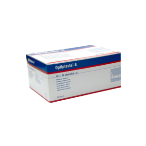 Een lege verpakking van een rol optiplast-E van 10cm breed met een losse rol ernaast.